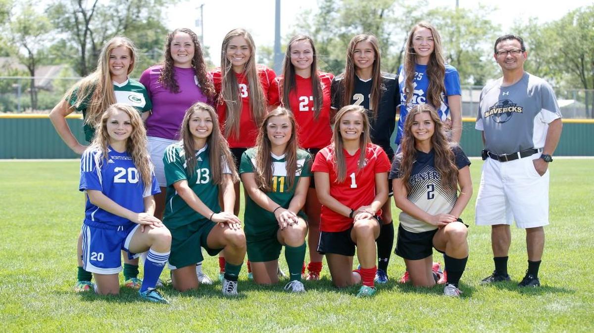 Maize’s Katie McClure, front row second from right, and Kapaun’s Grace Hagan back row second from right, were members of the 2015 All-Metro soccer team.
