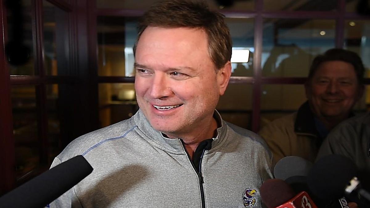 Kansas coach Bill Self talks to reporters after the Jayhawks arrived in Kansas City for the Midwest Regional. KU takes on Purdue in Thursday’s semifinals.