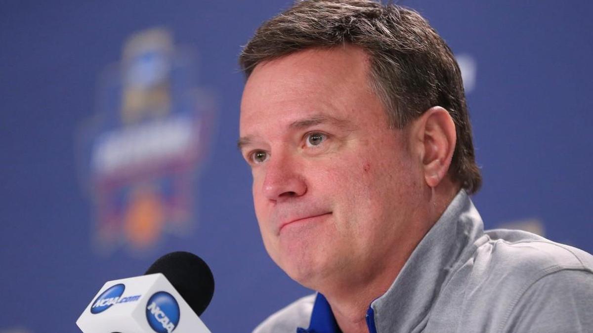 Kansas coach Bill Self talks to the media in Louisville, Ky., last week.