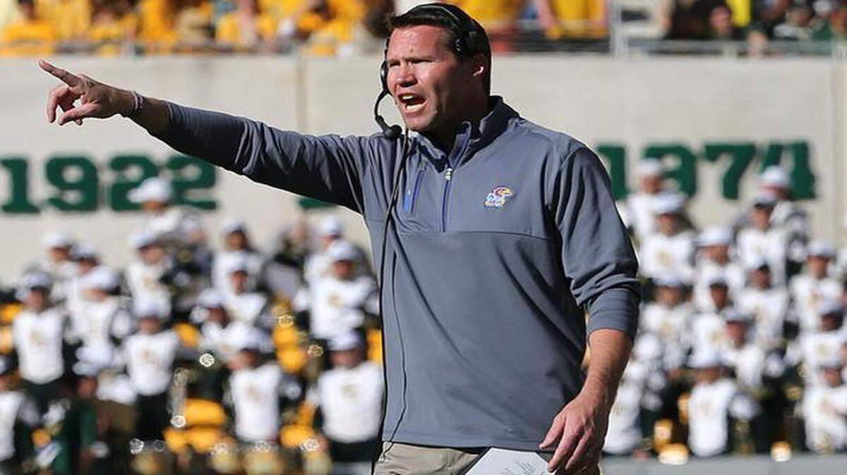 
Kansas coach Clint Bowen shouts to his players Saturday in the 60-14 loss to No. 12 Baylor.
