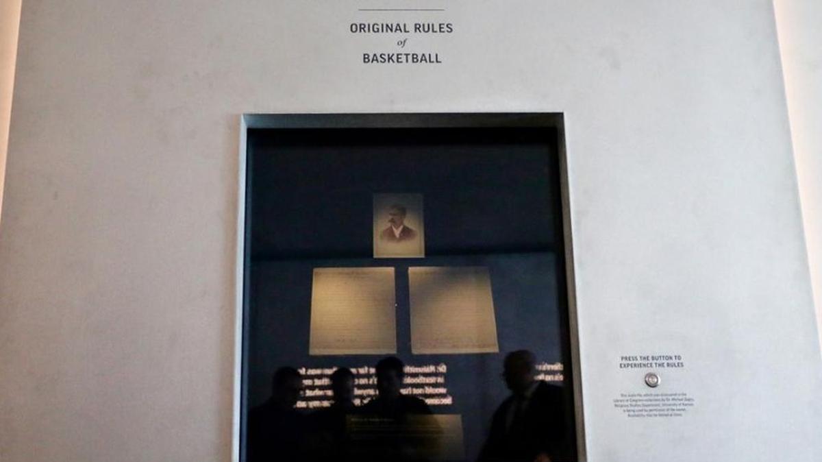 James Naismith’s original rules of basketball, a two-page document bought by KU alumnus David Booth in 2010 for $3.8 million, were unveiled for the first time on the second floor of the DeBruce Center on Friday.