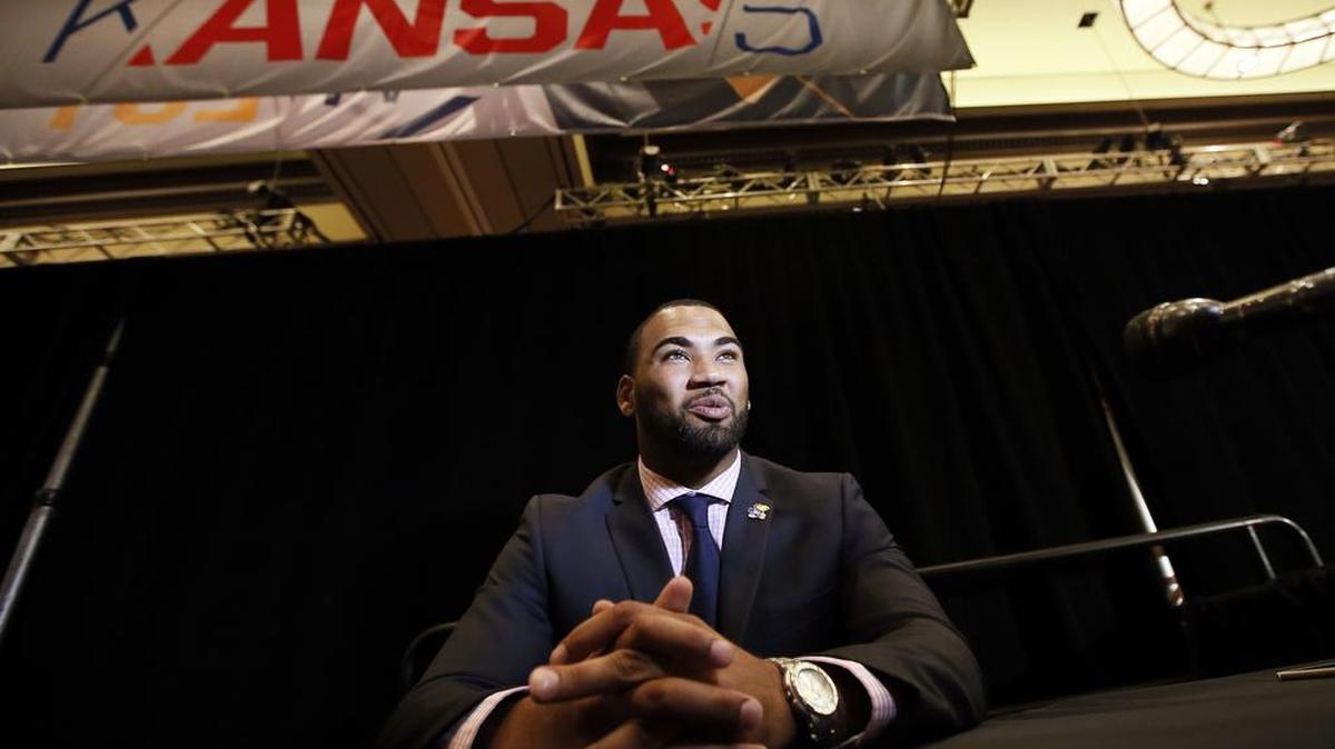 
Kansas defensive back Ben Goodman talked with reporters during Big 12 Conference media days last month in Dallas. 
