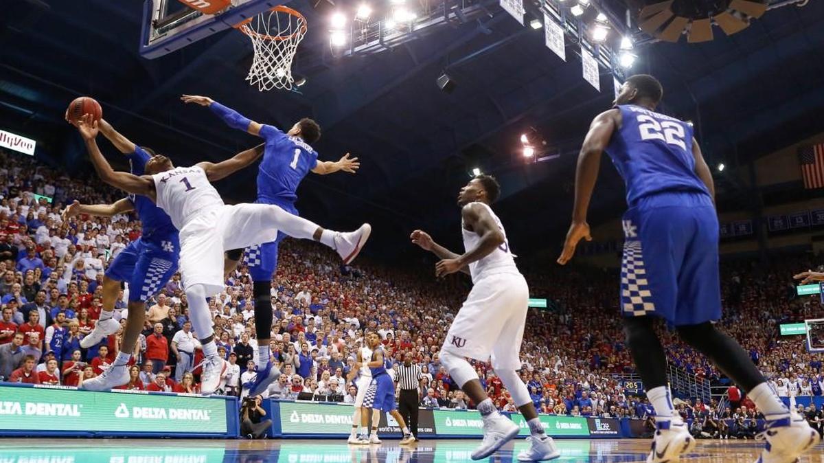 Kansas guard Wayne Selden is fouled during the second half of their game against Kentucky at Allen Fieldhouse on Saturday evening.