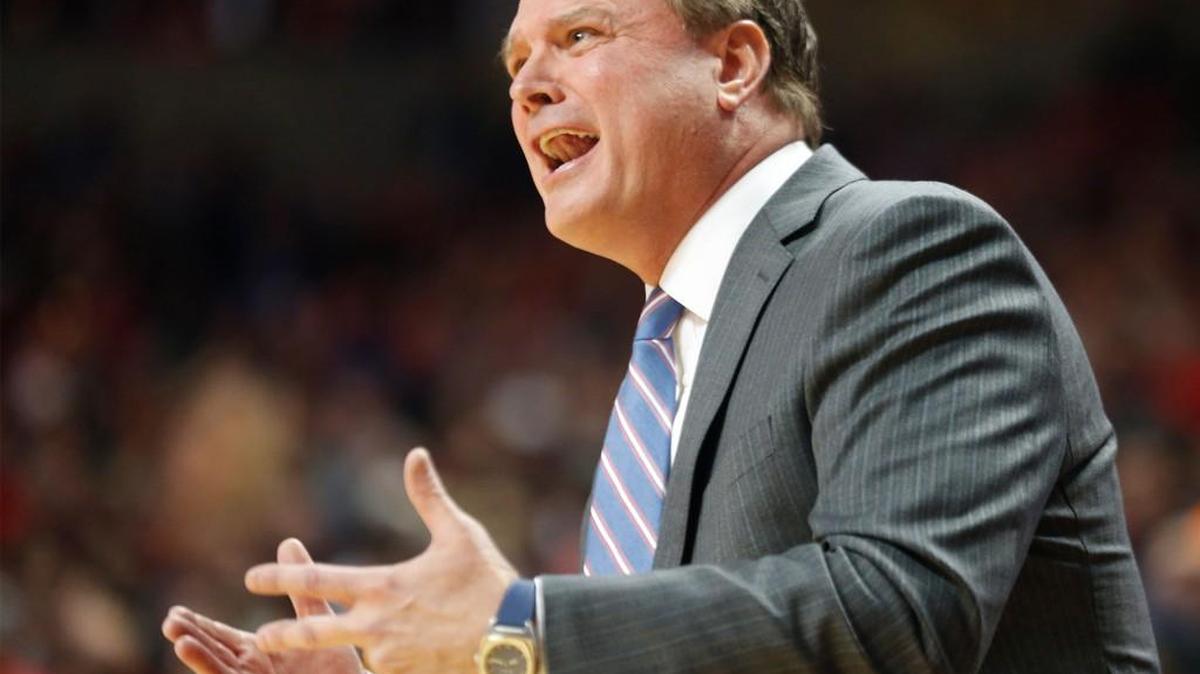 Kansas coach Bill Self shouts during Saturday’s first half at Texas Tech.