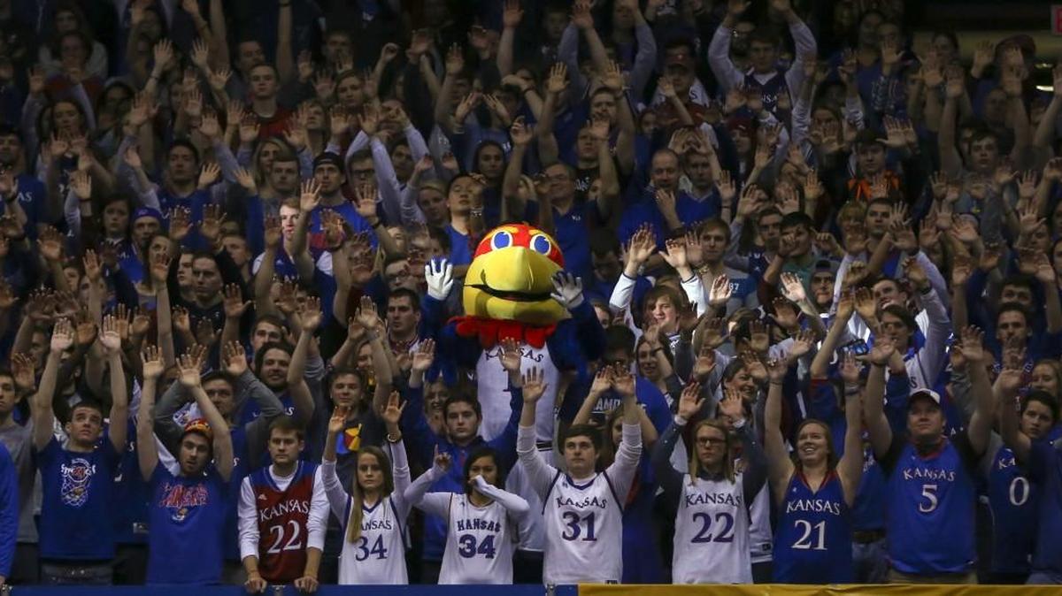 The Kansas Jayhawk mascot cheers in the student section in 2016 at Allen Fieldhouse.