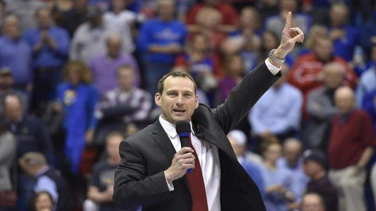 
Football coach David Beaty was introduced to Kansas fans at halftime of the Jayhawks’ basketball game against Florida.
