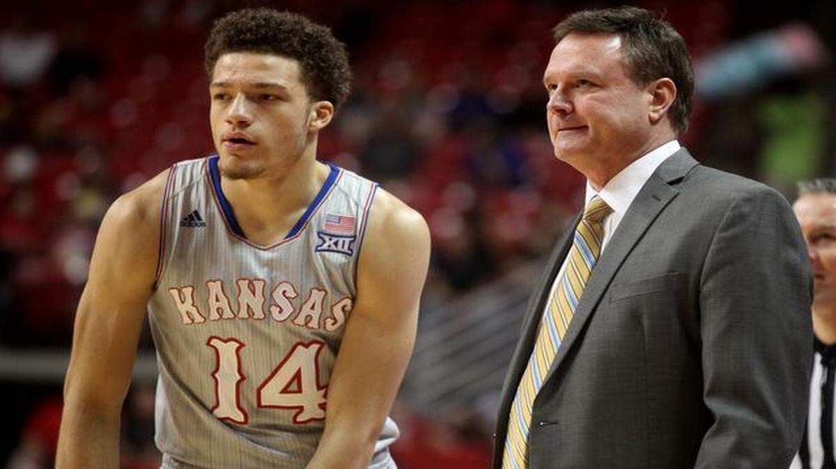 
Kansas coach Bill Self talks with Brannen Greene during a game this season.
