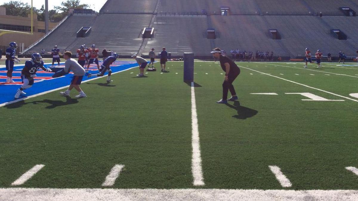 
KU receivers coach Klint Kubiak, right, watched his players during a recent practice. 

