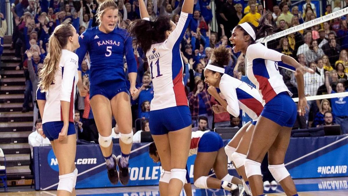 Kansas players celebrate after beating Missouri in the second round of the NCAA Tournament on Dec. 4. The Jayhawks have reached the national semifinals.