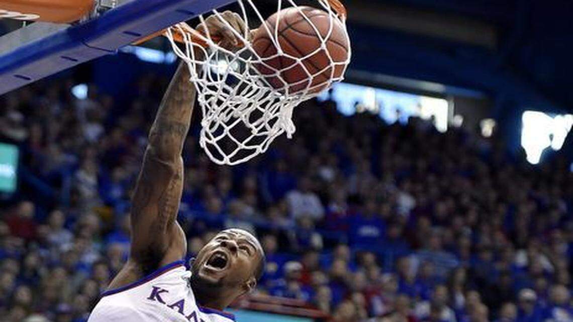 
KU's Cliff Alexander dunks over UNLV's Goodluck Okonoboh on Jan. 24 at Allen Fieldhouse. Alexander’s future at Kansas remains in doubt as the NCAA investigates potential impermissible benefits received by his family through a third party.
