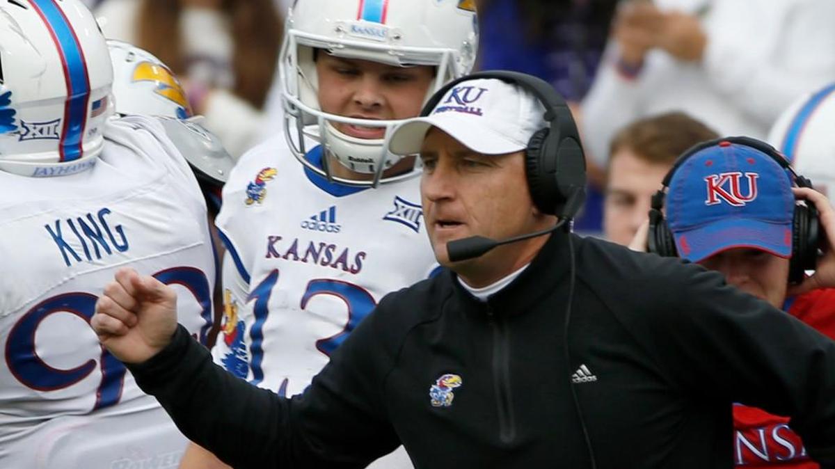 Kansas coach David Beaty and quarterback Ryan Willis (13) nearly got their first win against TCU last Saturday in Fort Worth.
