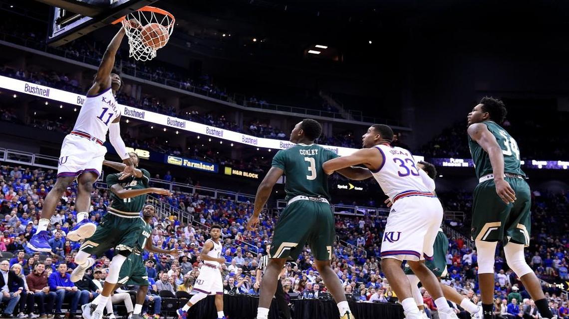 KU’s Josh Jackson dunks after getting by UAB’s Dirk Williams during the first half of Monday night’s CBE Classic semifinal at the Sprint Center in Kansas City, Mo.