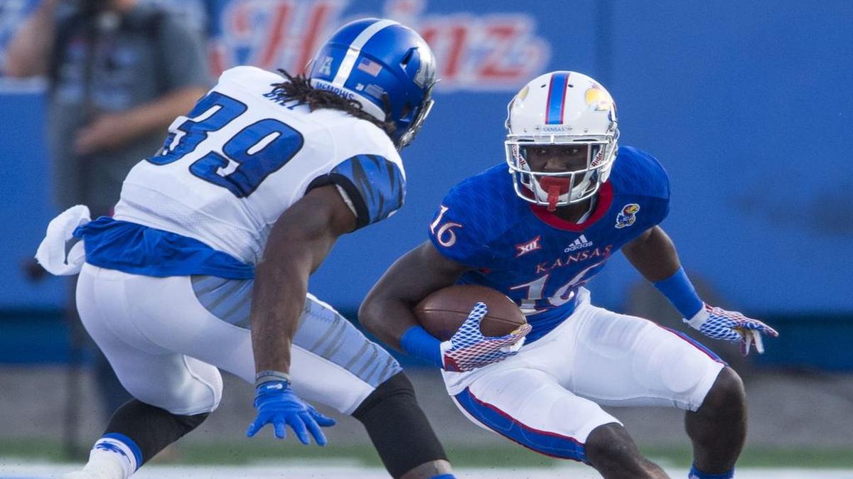 Kansas wide receiver Steven Sims Jr., right, will be wearing a new number when the season begins Saturday evening. Sims caught 30 passes last season as a freshman, and hopes to be more productive this fall.