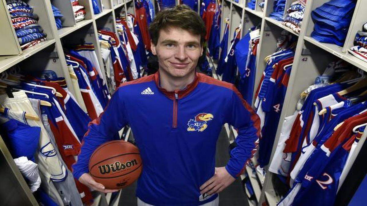 
Chris Huey, a student manager for the Kansas basketball team, also takes the floor during practice as a member of the scout team.
