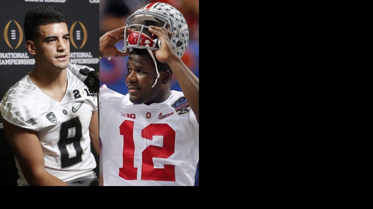 
Oregon’s Marcus Mariota (left) has had an amazing season and captured the Heisman Trophy. Ohio State quarterback Cardale Jones will make his third career start in College Football Playoff championship game. But given what happened in Jones’ starts against Wisconsin and Alabama, the Buckeyes don’t feel as though they have the disadvantage at quarterback.
