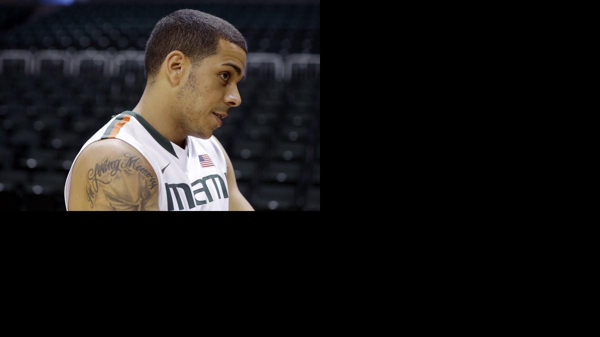 
Miami guard Angel Rodriguez is interviewed during basketball media day Thursday in Coral Gables, Fla. Rodriguez transferred from Kansas State and will be eligible this season. 
