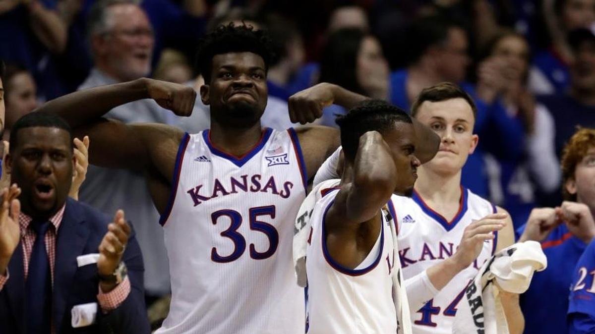 Kansas center Udoka Azubuike (35) and Kansas guard Lagerald Vick (2) during the second half of an NCAA college basketball game against Oklahoma in Lawrence on Monday. Kansas defeated Oklahoma 104-74. (Feb. 19, 2018)