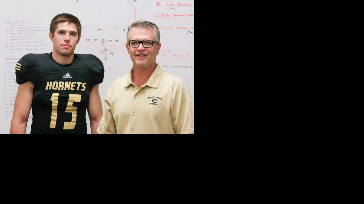 
Emporia State coach Garin Higgins, right, and quarterback Brent Wilson.
