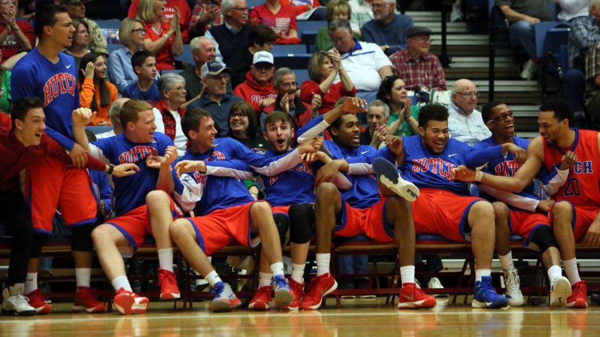 The Hutchinson bench celebrates following a dunk by Shakur Juiston during the second half against Northwest Florida on Thursday in the NJCAA quarterfinals at the Sports Arena.