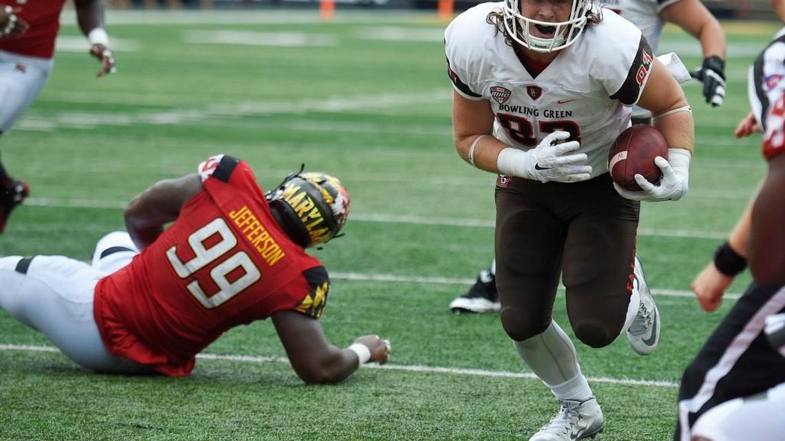 
Bowling Green tight end Derek Lee runs into the end zone for a touchdown against Maryland last Saturday in College Park, Md.
