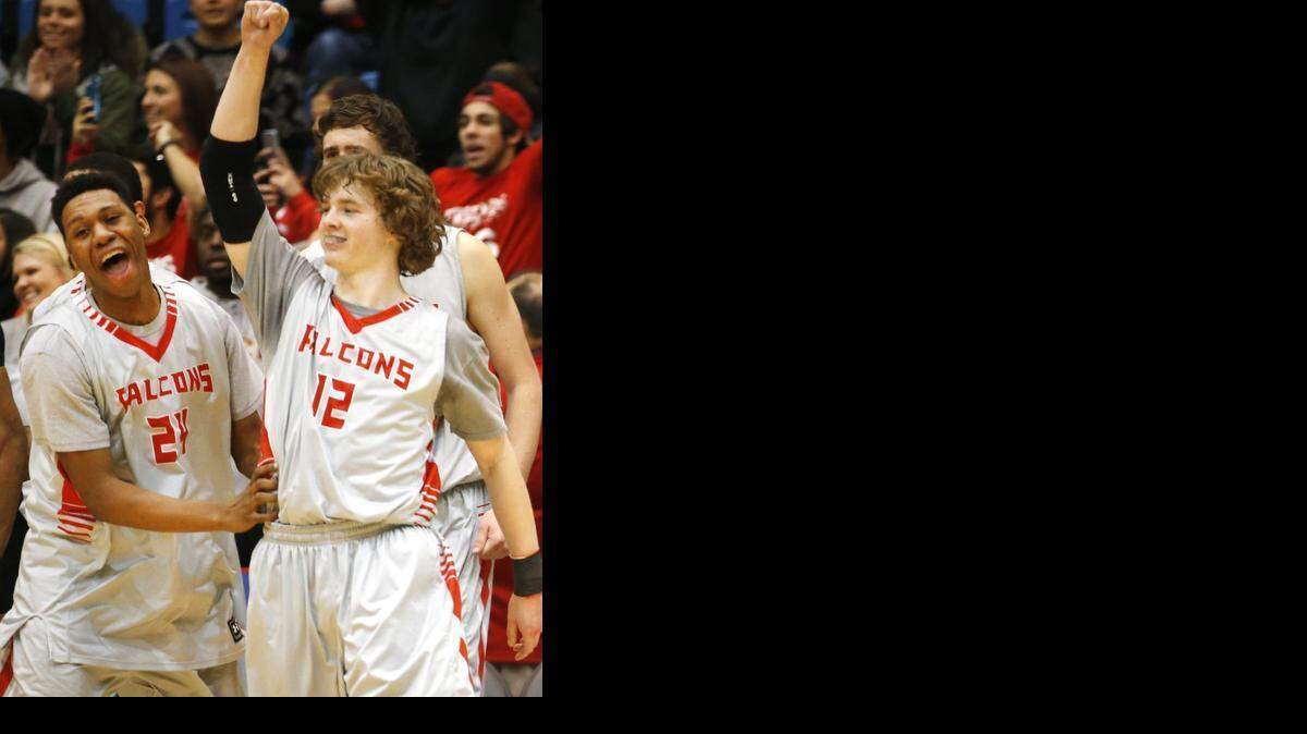 
Friends University's Khalid Rower, left, and Brett Williams celebrate after beating Sterling College in the KCAC men's final at Hartmann Arena on Monday. 
