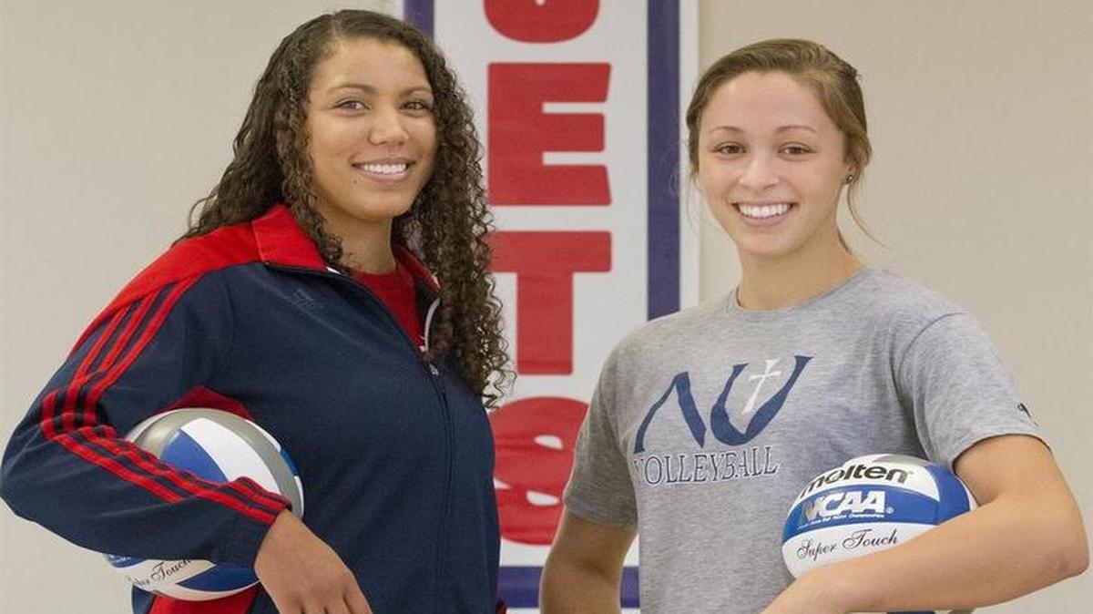 
Newman volleyball coach Destiny Clark, left, and middle hitter Ashley Gonzalez at Newman’s Fugate Gymnasium. 

