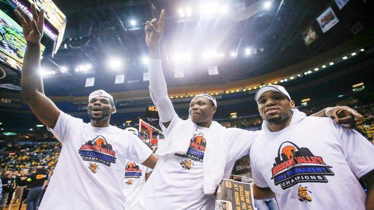 
Tekele Cotton, right, says his favorite memory of the 2014 MVC Tournament was the championship celebration. Seniors Kadeem Coleby, left, and Cleanthony Early were part of the moment after beating Indiana State.
