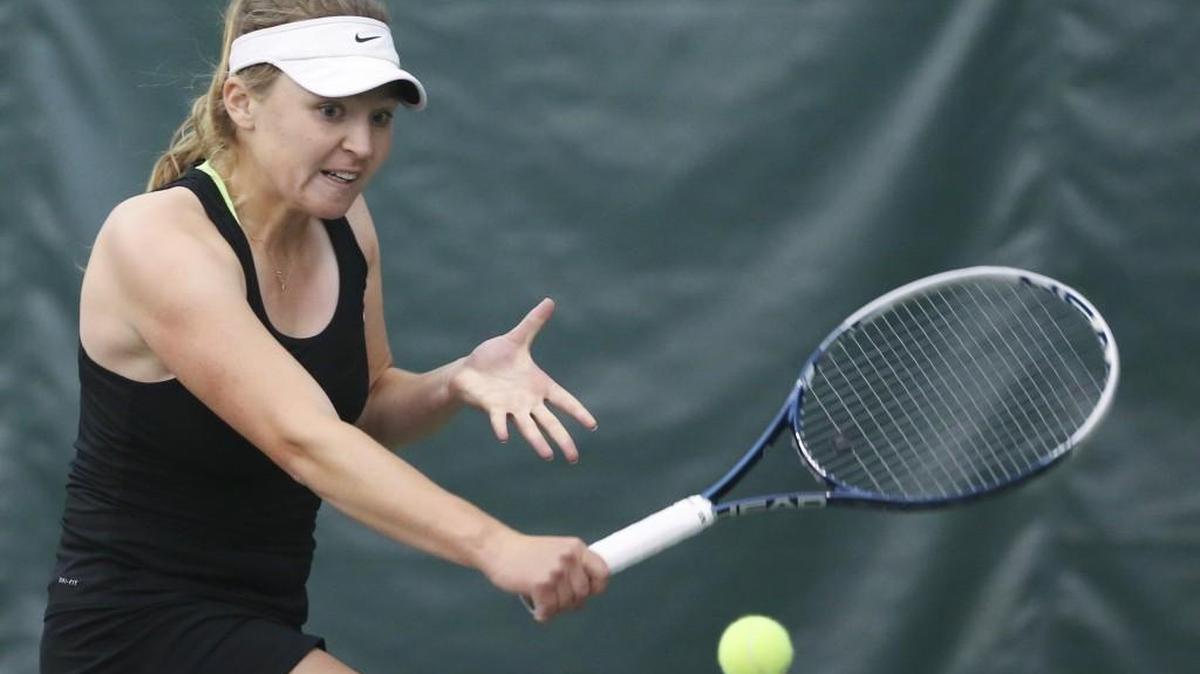 Wichita State's Gabriela Porubin returns a shot against her opponent, Evansville's Marina Moreno, during their match at the Missouri Valley Conference championships at Wichita Country Club on Friday. Porubin won 6-3, 6-1.