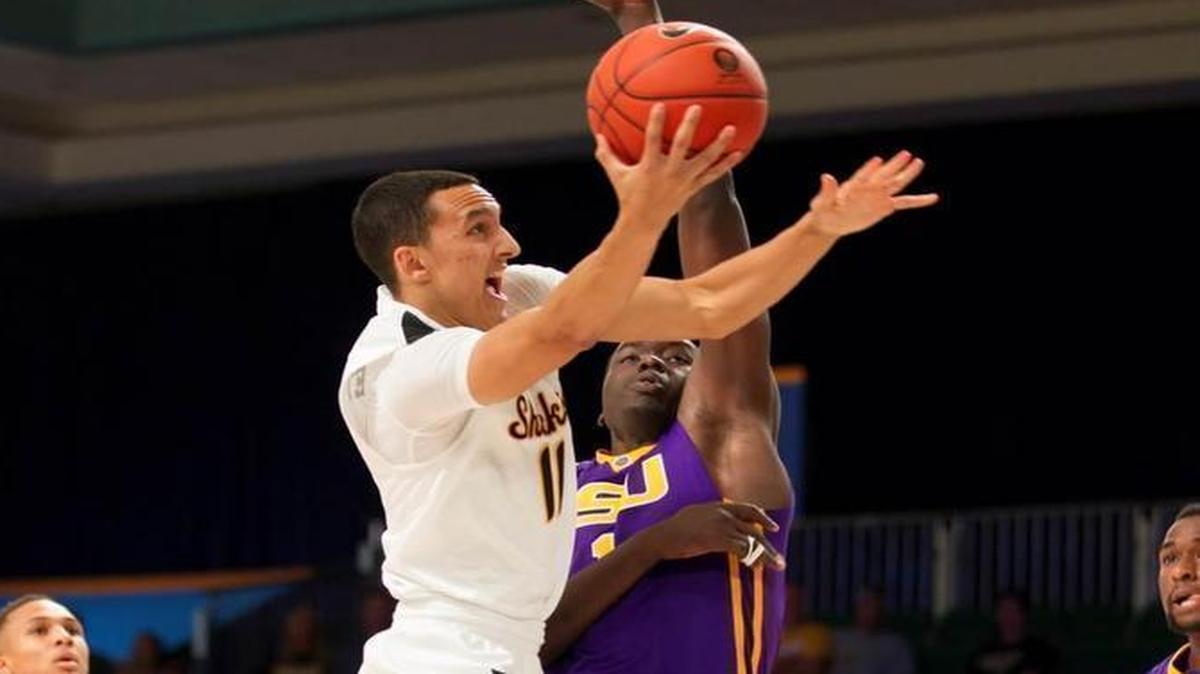 Landry Shamet drives to the basket for Wichita State against LSU on Wednesday during the Shockers’ 82-47 victory in the Battle 4 Atlantis.