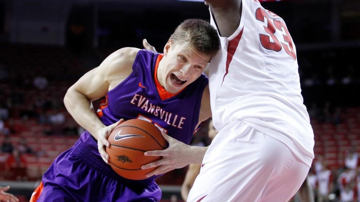 Egidijus Mockevicius, left, of Evansville will be one of five all-conference players on the floor when the Aces travel to Wichita State on Wednesday.
