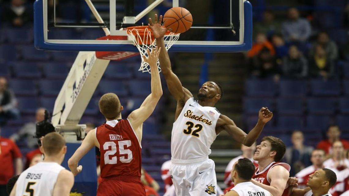 Wichita State’s Markis McDuffie, blocking a shot in the Missouri Valley Confereence Tournament, is one of 12 scholarship players returning next season.