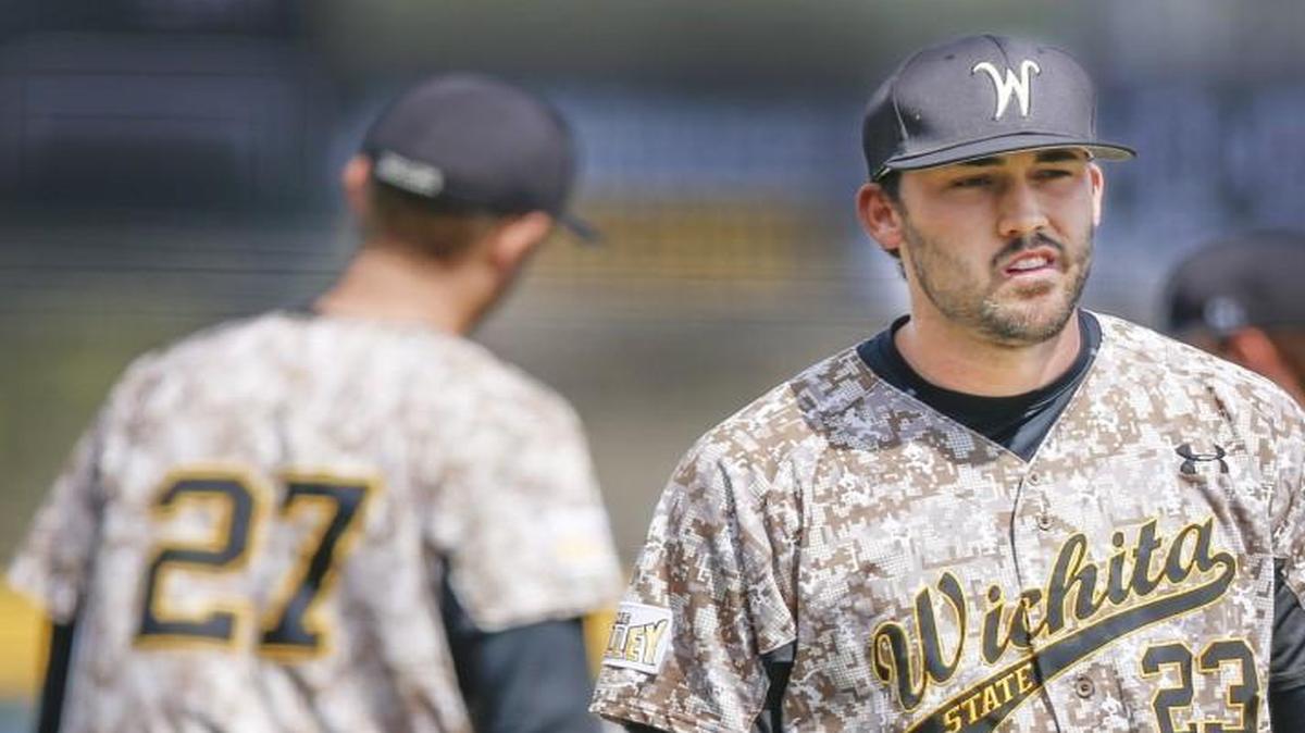 Wichita State pitcher John Hayes comes out of the game in the sixth inning of the Shockers’ 7-6 loss to Cal Poly on Saturday at Eck Stadium.