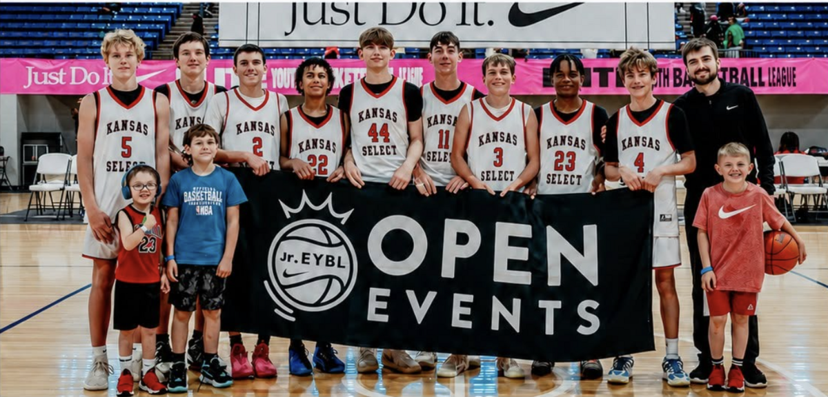Kansas Select 2030 Red celebrates after qualifying for the Nike Jr. EYBL Championship at Peach Jam, becoming what is believed to be the first Wichita team to earn a spot in the prestigious youth basketball event.