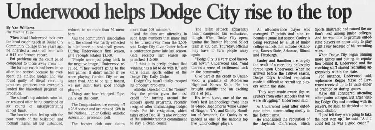 A 1992 story in The Wichita Eagle about Brad Underwood’s successful turnaround in Dodge City.