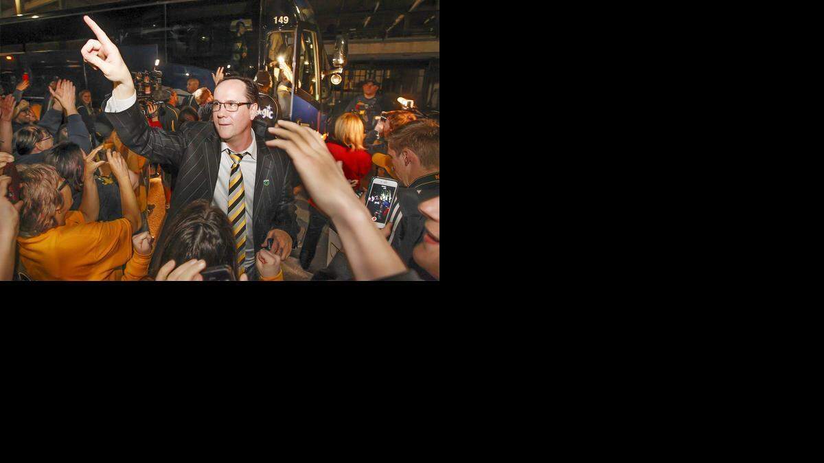 
Wichita State coach Gregg Marshall is received by the fans Sunday night after arriving at Koch Arena after WSU’s victory in Omaha. (March 22, 2015)

