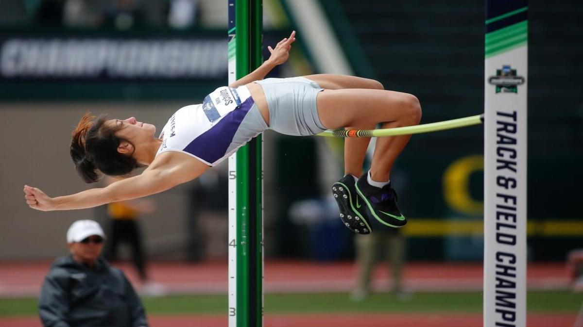 Kansas State freshman heptathlete Nina Schultz attempts to clear the bar in the high jump Friday in Eugene, Ore.