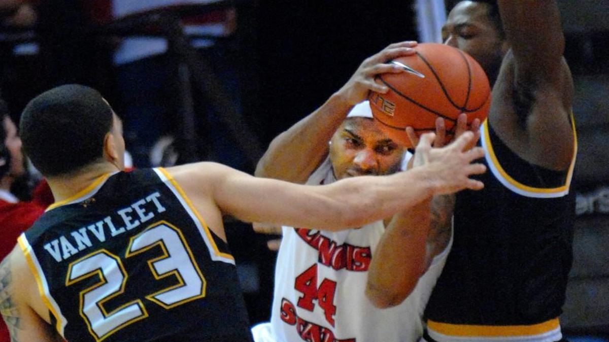 Illinois State guard DeVaughn Akoon-Purcell runs into tough defense from Wichita State during the first half Saturday in Normal, Ill.
