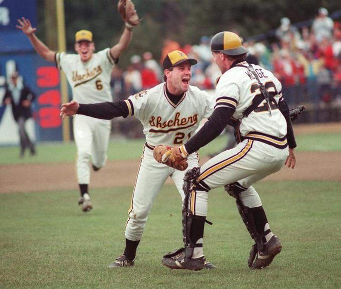 WSU pitcher Greg Brummett prepares to embrace catcher Eric Wedge after the final out of the 1989 NCAA championship game in Omaha. The Shockers beat Texas 5-3.