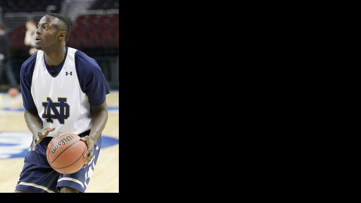 
Notre Dame’s Jerian Grant practices at Quicken Loans Arena in Cleveland. Grant’s mother is from Wichita and his grandmother works at Wichita State.
