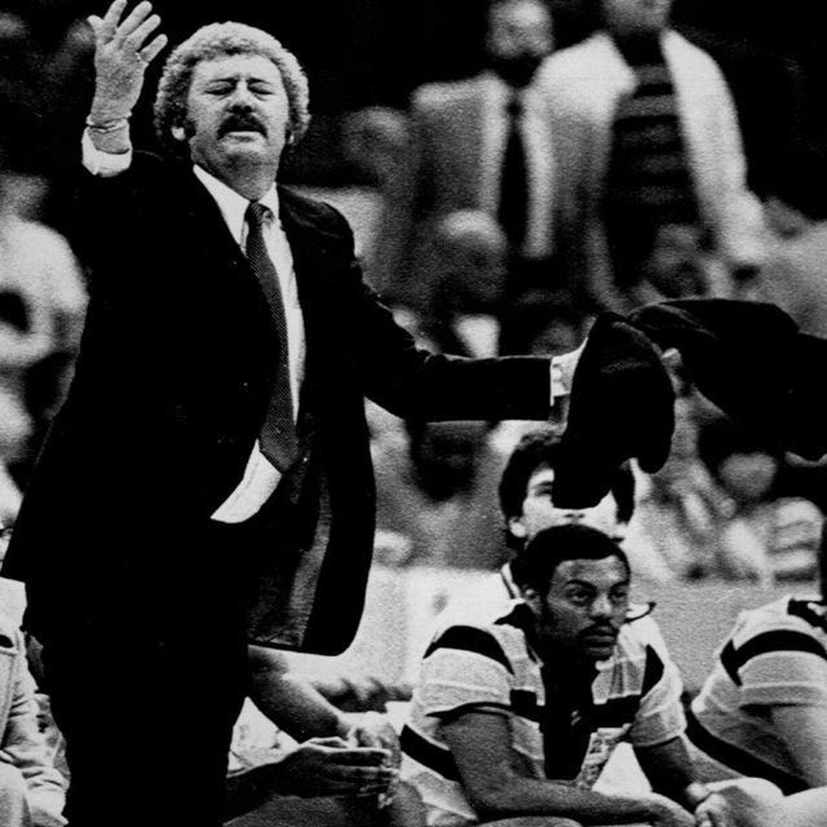 Wichita State coach Gene Smithson reacts to a play by his team during the Shockers’ 66-65 victory over Kansas in the NCAA Midwest Regional semifinals on March 20, 1981.