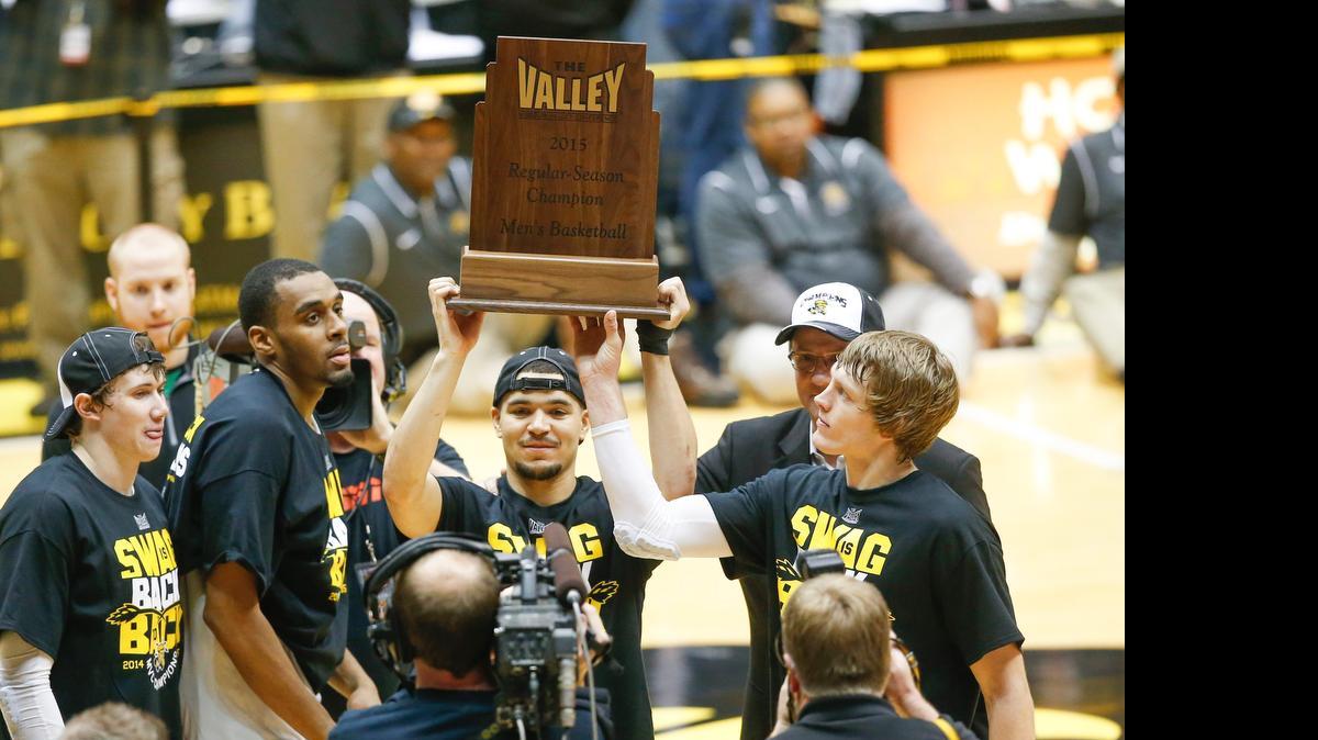 
Wichita State guard Fred VanVleet holds up the Missouri Valley Conference trophy after the Shockers beat Northern Iowa 74-60 on Feb. 28.
