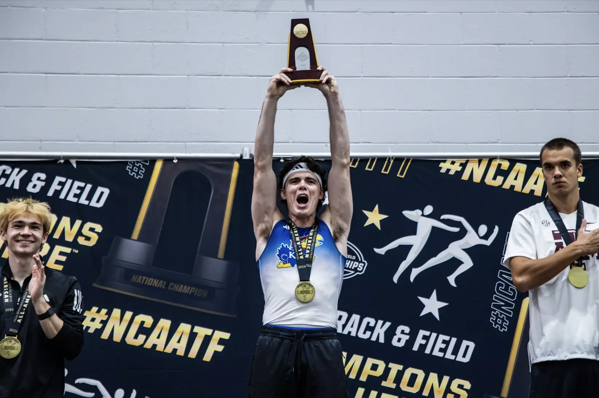 Kansas junior Ashton Barkdull, a 2022 Andover Central graduate, won the men’s pole vault national title at the recent NCAA Indoor Track and Field Championship in Fayetteville.