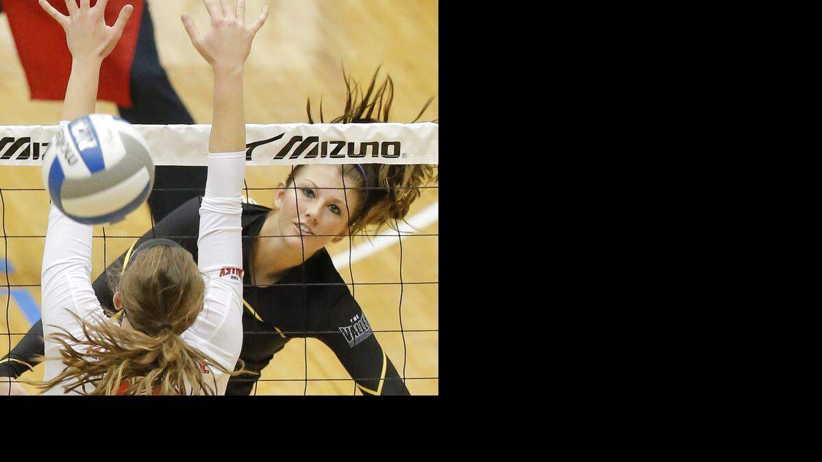 
WSU's Ashlyn Driskill spikes the ball against Illinois State in the MVC Tournament last season.
