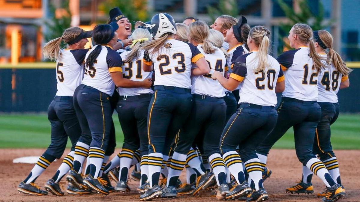 Wichita State softball players celebrated a win at home in early May; on Saturday they were able to celebrate winning the Missouri Valley Conference tournament.
