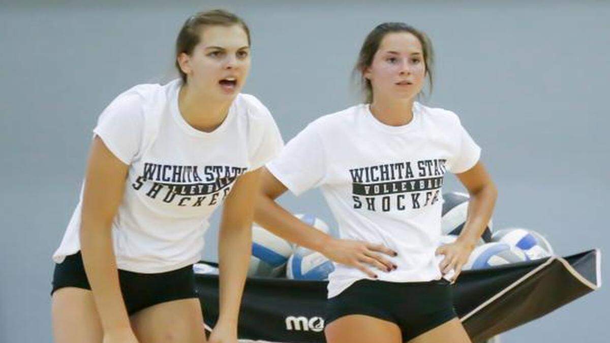 
WSU freshman Mikaela Raudsepp, left, leads the Shockers in kills after three matches.

