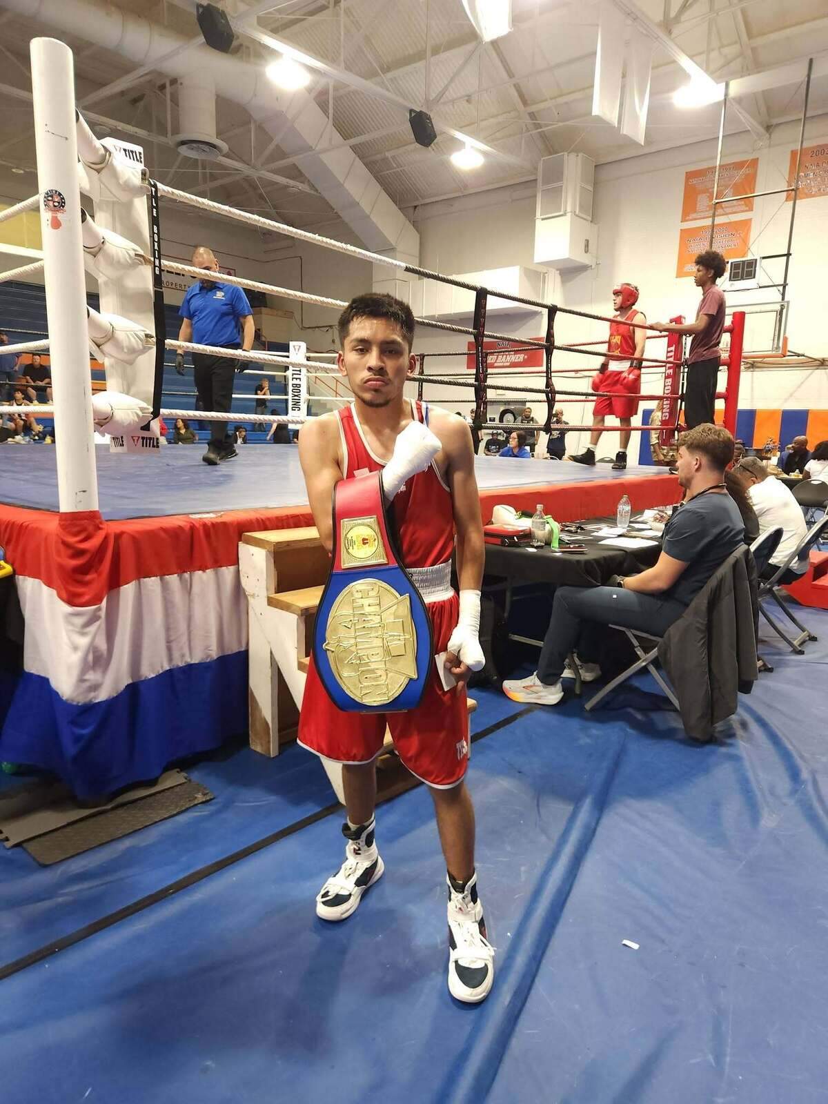 Alvin Torres Jr. celebrates after winning a regional Golden Gloves title earlier this spring, one of the milestones that helped the Wichita fighter qualify for this week’s USA Boxing Junior Olympics in his hometown.