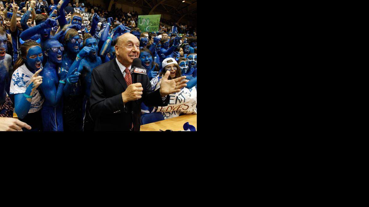 
ESPN basketball analyst Dick Vitale reports from a game at Cameron Indoor Stadium in Durham, N.C., in 2012. Vitale returns to Wichita for the first time in three decades on Tuesday night to cover Wichita State’s game against Alabama at Koch Arena. 
