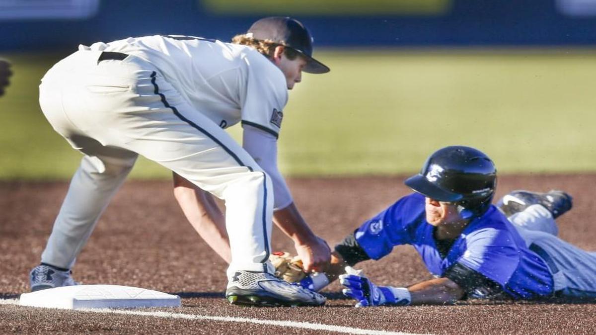Wichita State third baseman Alec Bohm tags out Creighton’s Nicky Lopez in the first inning at Eck Stadium on Tuesday.