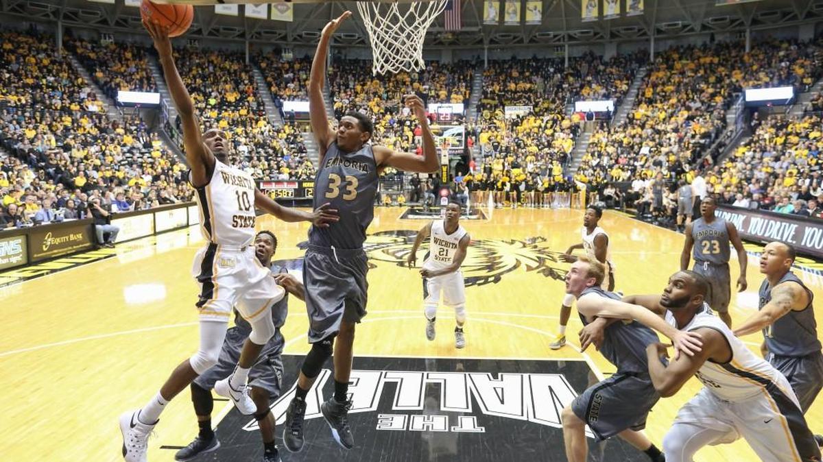 Wichita State guard Ty Taylor II goes to the basket against Emporia State.