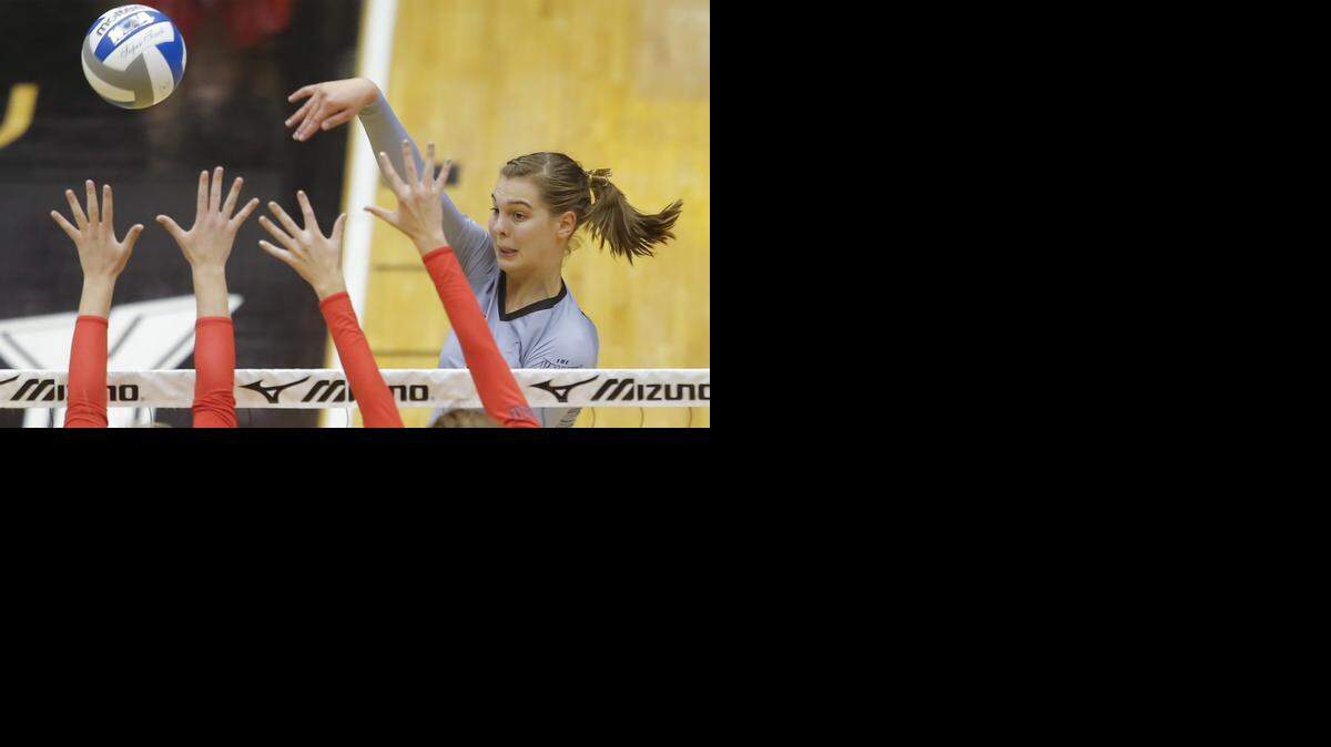 
Wichita State's Mikaela Raudsepp hits a kill shot against Illinois State on Friday night at Koch Arena.

